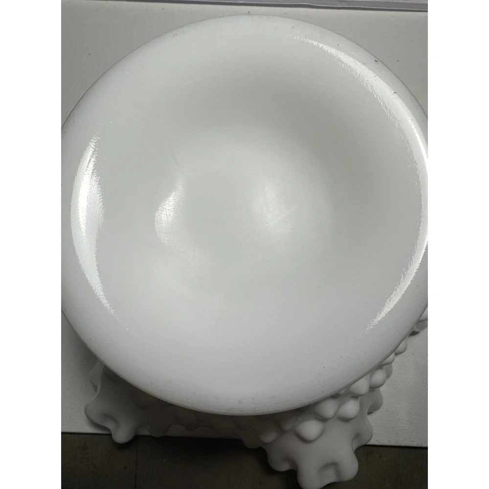 Vintage White Milk Glass Ruffled Pedestal Bowl / Compote – Hobnail Detail